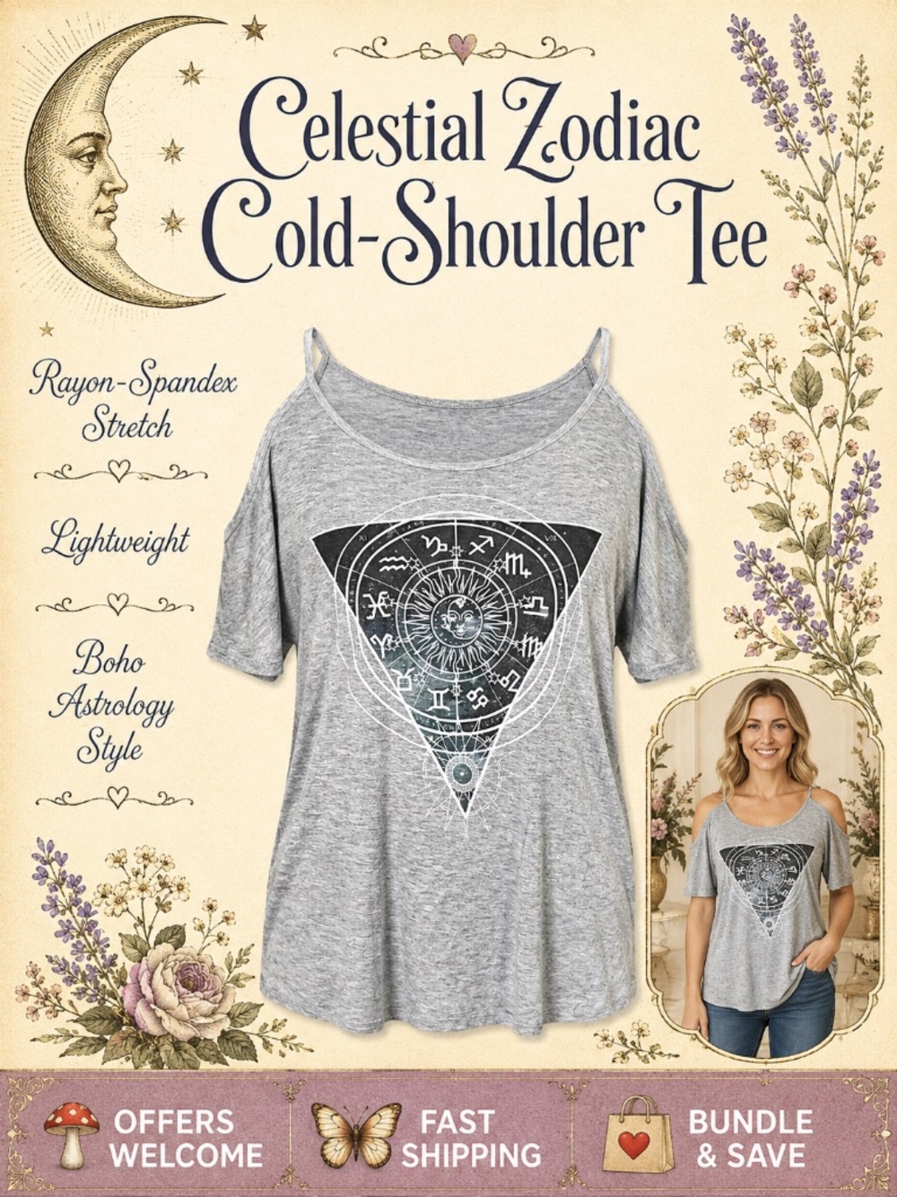 Kali Reve LA Celestial Zodiac Top Cold Shoulder Heather Gray Small